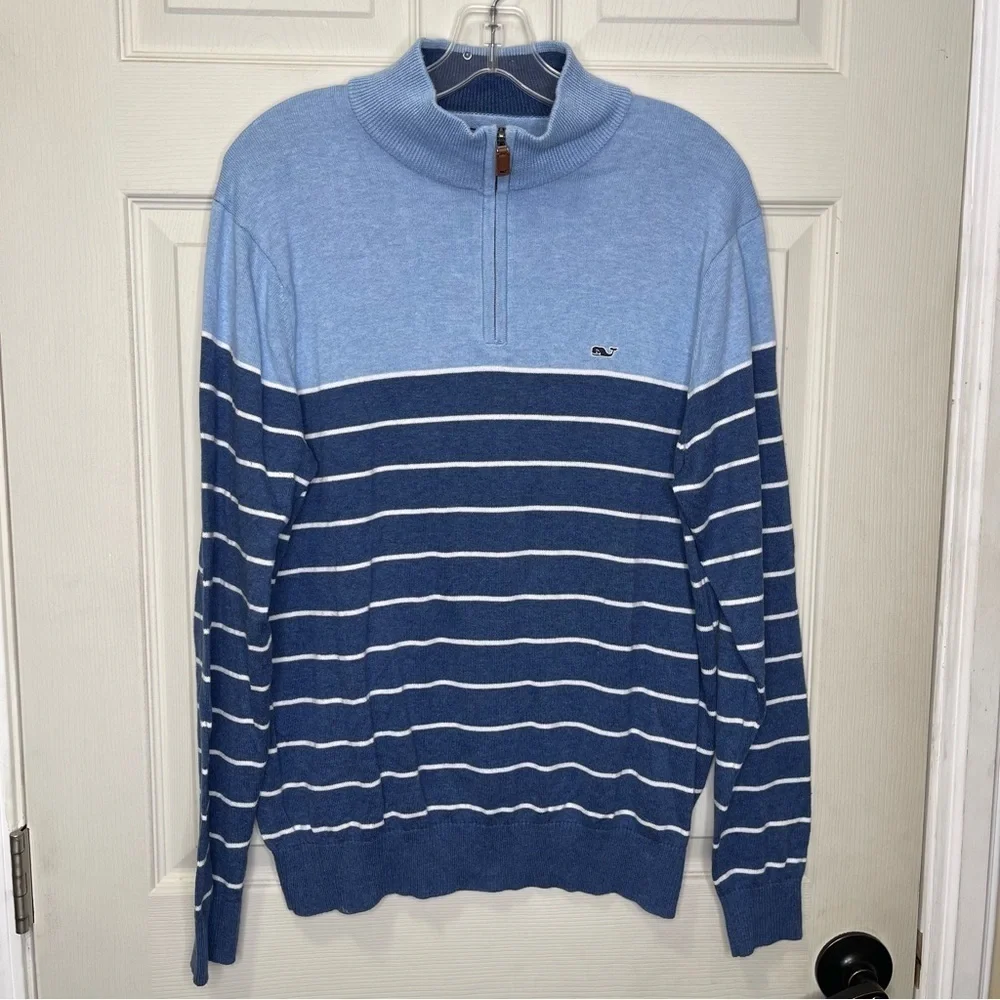 Vineyard Vines Men’s 1/4 Zip Cotton Striped Pullover Sweater Blue White Sz S